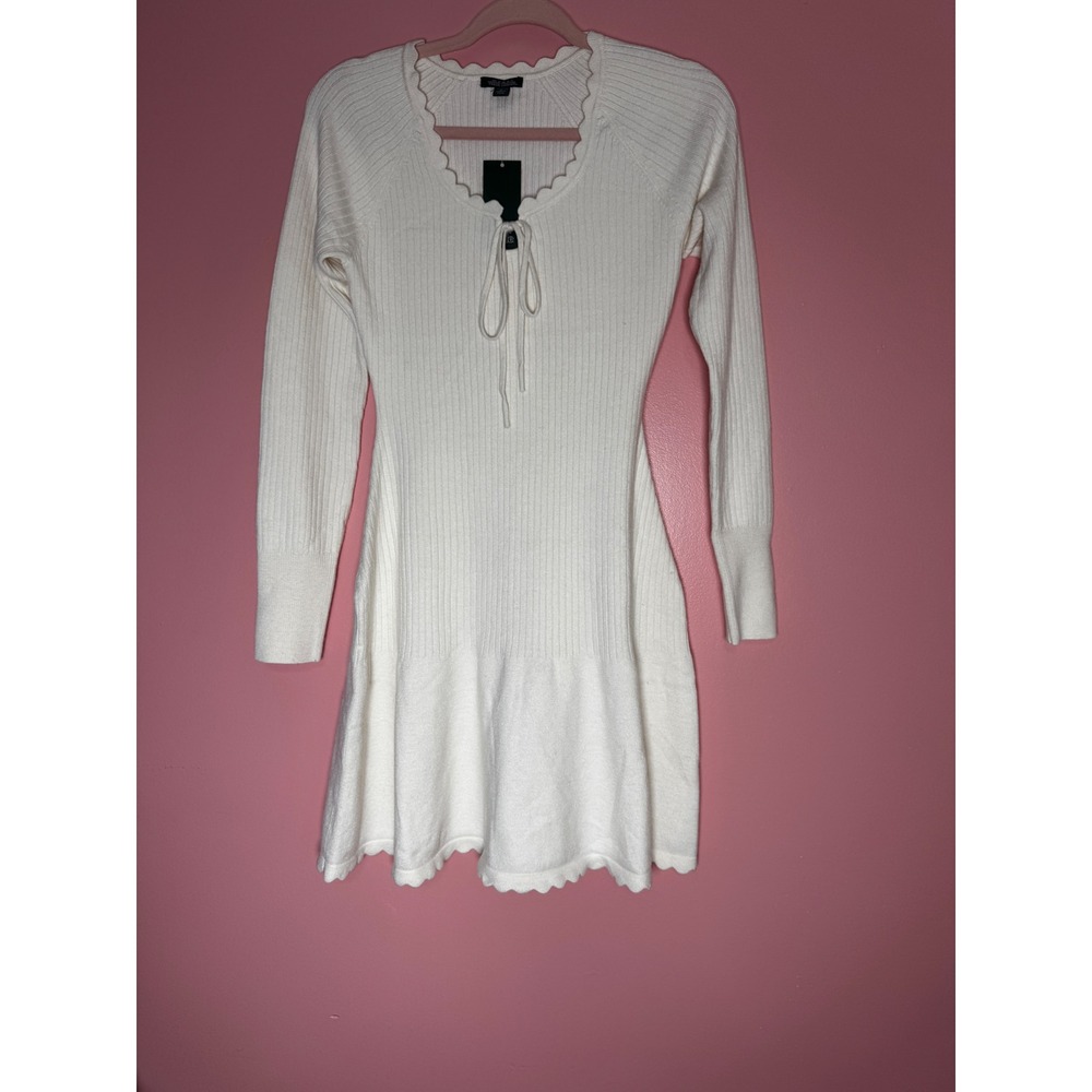 Wild Fable Cream Ribbed Scalloped Long Sleeve Skater Sweater Dress Small NWT